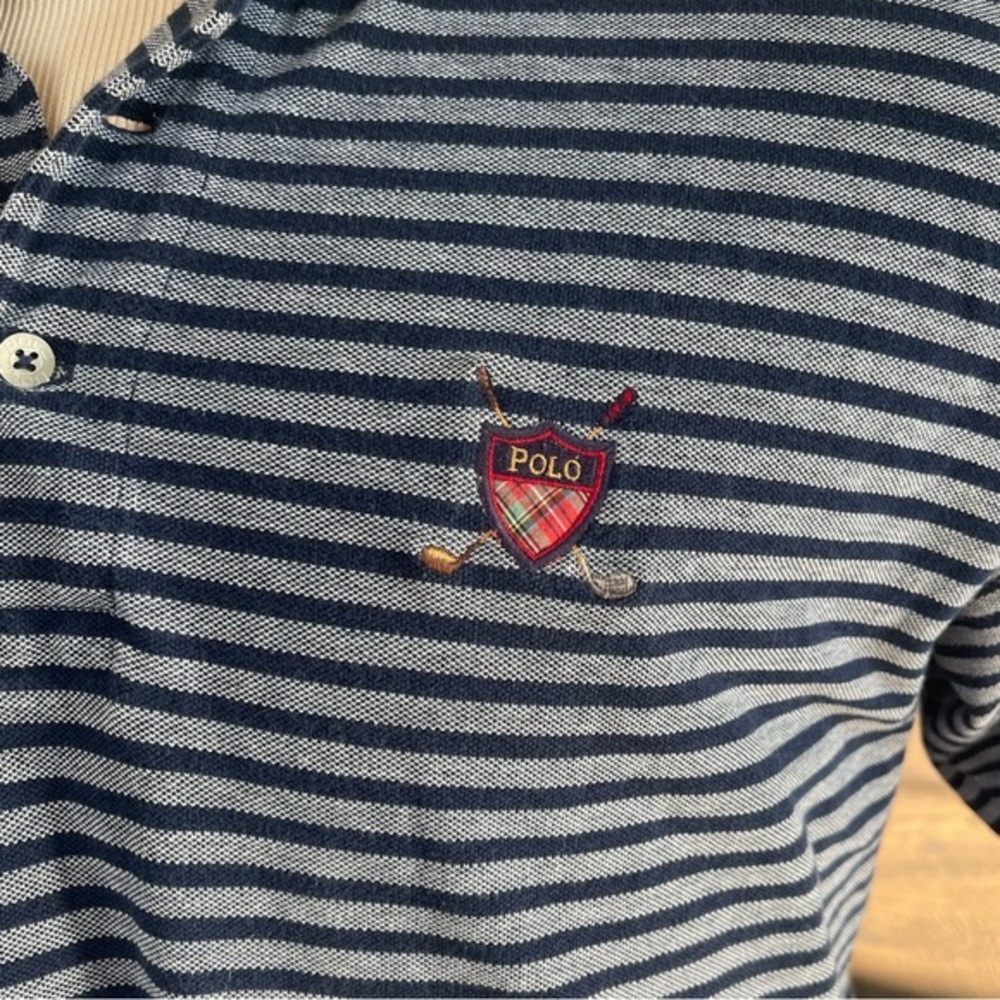 POLO RALPH‎ LAUREN Vintage Golf Shirt Shortsleeve Grey Navy Stripe Classic LARGE - Picture 3 of 11